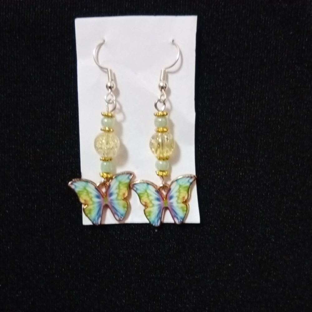 Handmade Butterfly Dangle Earrings with Yellow and Blue Accents